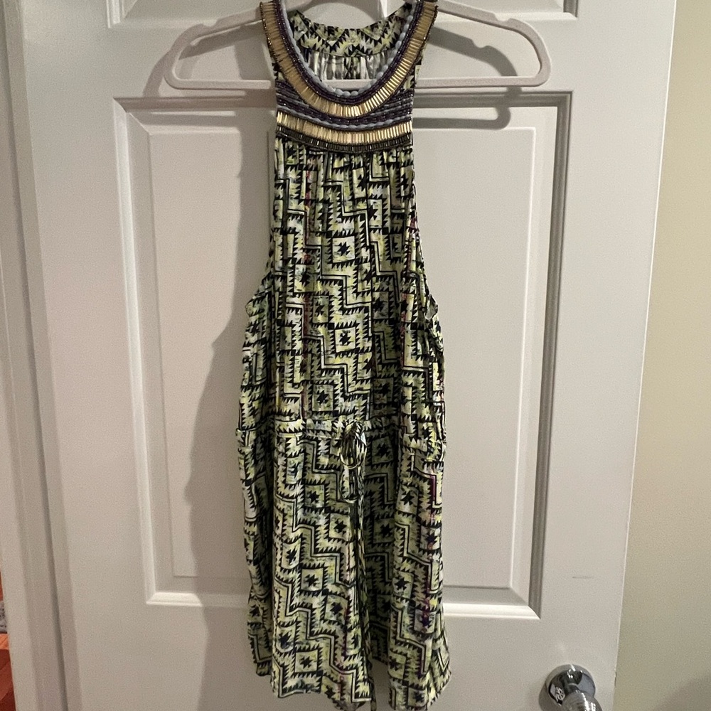 charlie jade Green and Black Geometric Halter Romper with Beaded Neck